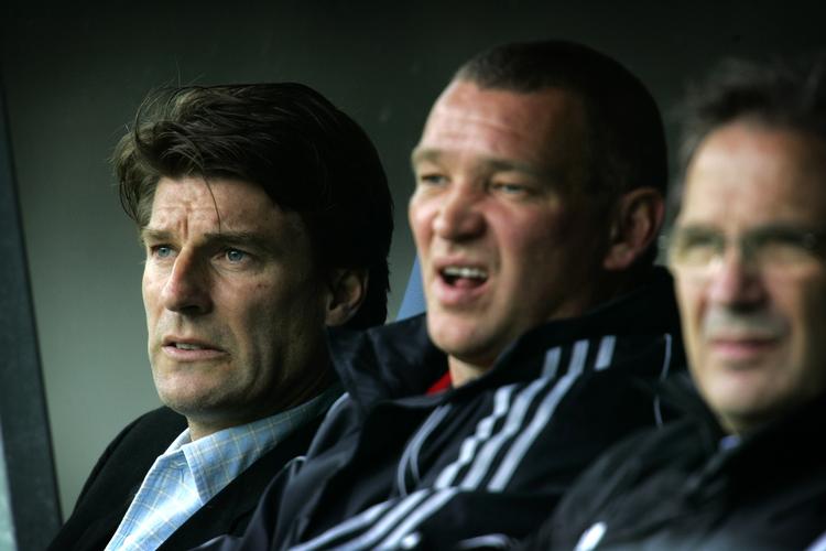 parløb.  Michael Laudrup (tv) og John 'Faxe' Jensen har tidligere arbejdet sammen som trænerpar i Brøndby og Getafe. 