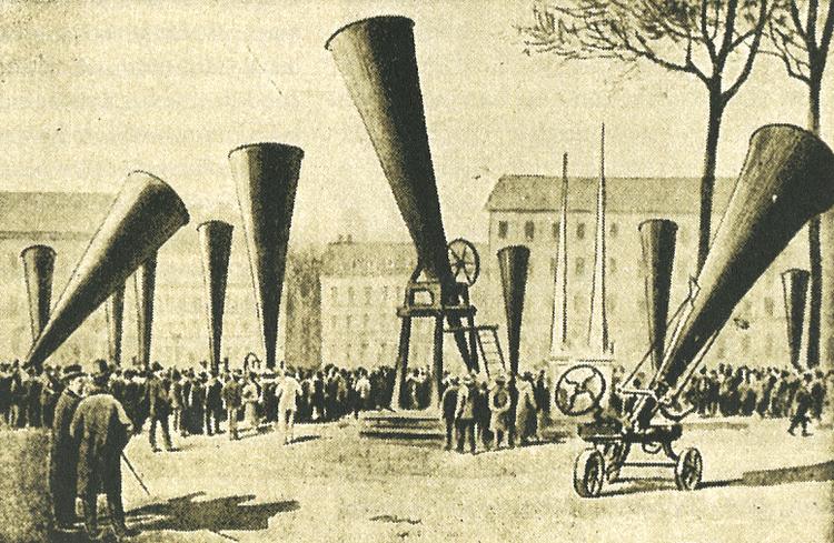 regnkanoner. Et (mislykket) eksperiment med regnkanoner i Nebraska i slutningen af 1800-tallet. 