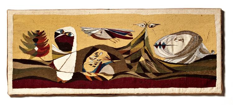 BILLEDVÆV. Sidst i 1940'erne eksperimenterede Asger Jorn og  Pierre Wemaëre med billedtæpper. Blandt dem 'La Moukère de  Normandie'  ('Kvinden fra  Normandiet').   Foto: Museum Jorn 