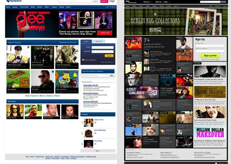 redesign. MySpace relancerede sin side i slutningen af 2010 i et forsøg på at holde fast på kunderne. Her ses MySpaces oprindelige side til venstre og den nye til højre. Men kampen med andre sociale netværk ser ud til at være tabt. 