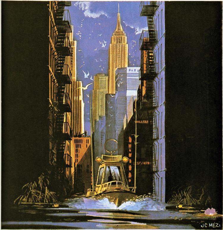 Storbyen. Albummet er fra 1970. Historien  udspiller sig i 1986, men i dag er det svært ikke at læse den med de klimakritiske briller på. Tegning: Jean-Claude Mézièrs 