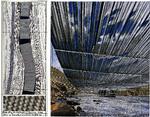 stof. Disse tegninger viser, hvordan overdækningen vil se ud ovenfra og nede fra floden. Illustration: Christo og Jeanne-Claude/AP 