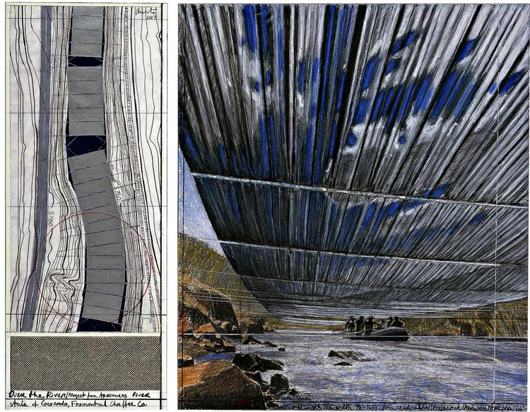 stof. Disse tegninger viser, hvordan overdækningen vil se ud ovenfra og nede fra floden. Illustration: Christo og Jeanne-Claude/AP 