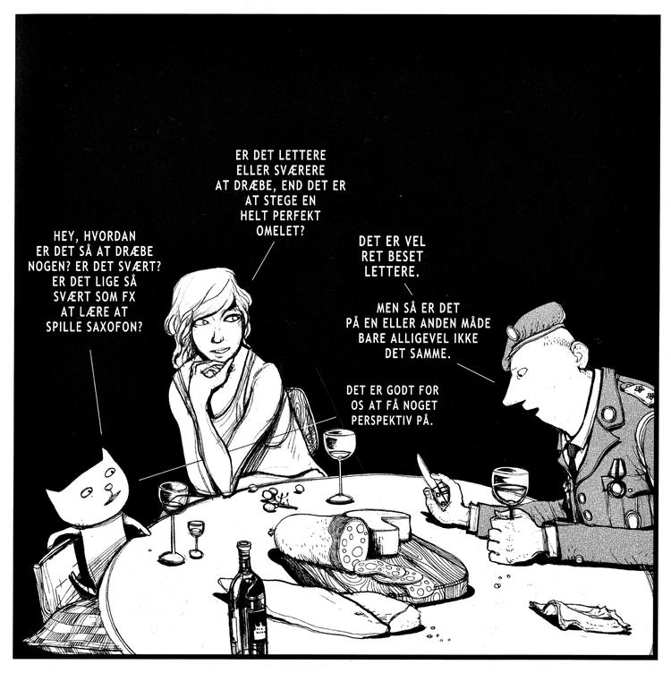 Lige-gyldiggørelse. Kat &amp; pige udspørger den danske frontsoldat om, hvor svært det er at dræbe. Illustration: Christoffer Zieler 