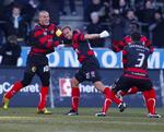 FC Midtjylland-spillerne fejrede farlige Frank Kristensens mål til 1-0 mod OB. 