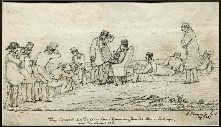 Gådefuldt. Den arkæologiinteresserede konge Frederik VII var med - om end siddende - ved Jelling-udgravningerne i 1861. Nu er det blevet opklaret, hvem manden yderst til højre på den nederste tegning er. Illustrationer: Nationalmuseet og Jægerspris Slot 