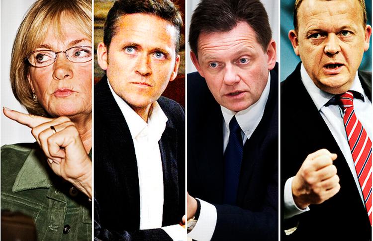 An electoral free for all, according to the experts: The Danish People's Party's Pia Kjærsgaard, the Liberal Alliance's Anders Samuelson, the Conservative Party's Lars Barfoed and the Liberal Party Prime Minister Lars Løkke Rasmussen. Archive. 