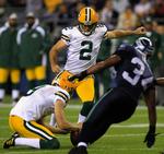 koncentration. Green Bay Packers' Mason Crosby (2) er kun på banen for at sparke få gange i en kamp, så han mener at have et bedre fokus på kampen end sine medspillere. 