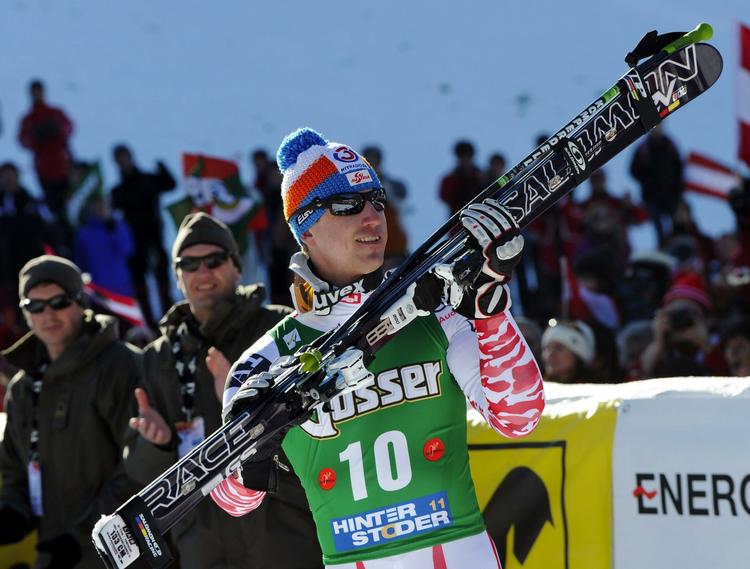 jubel. Hannes Reichelt fejrer triumfen i Østrig, hvor han vandt Super G. 