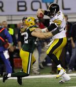 sacked. Hertil og ikke længere. Clay Matthews stopper Ben Roethlisberger under Super Bowl. 