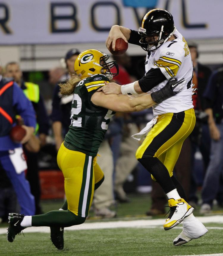 sacked. Hertil og ikke længere. Clay Matthews stopper Ben Roethlisberger under Super Bowl. 