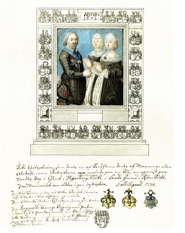 Vidnesbyrd. Blandt de mindesmærker, Søren Abildgaard tegnede, er denne tavle i Tjæreborg Kirke over Christian IV's staldmester Wenzel Rothkirk (død 1655) og hans to hustruer Karen Reedtz (død 1646) og Dorthe Abildgaard (død 1657). Det originale epitafium hænger stadig i kirken. 