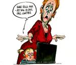 »Bae rolig mor. Det' mig og far der chatter«, siger den lille pige til sin mor i Roald Als tegning. 