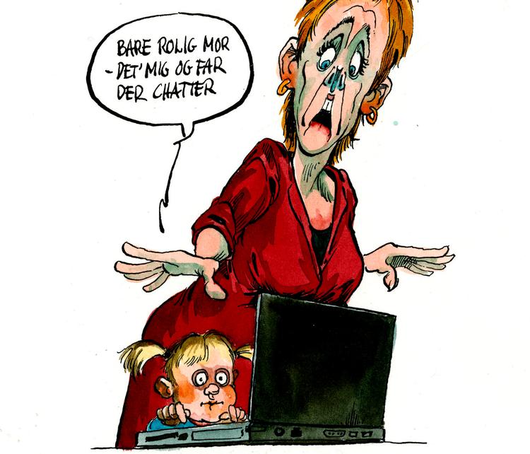 »Bae rolig mor. Det' mig og far der chatter«, siger den lille pige til sin mor i Roald Als tegning. 