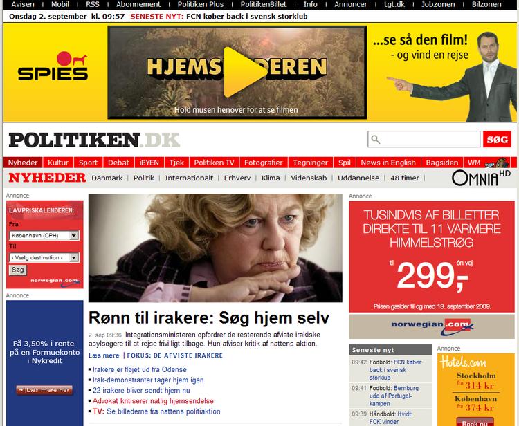 Farvel. Mange af politiken.dk's læsere har hæftet sig ved 'Hjemsender'-reklamen fra Spies.»Om denne er morsom, kan vel diskuteres, men artiklen er da noget omgivet af uheldige annoncer, lige fra Spies' hjemsender til Norwegians enkeltbillet til varmere himmelstrøg«, skriver Jan Sørensen eksempelvis. Bagsiden giver ham ganske ret. 