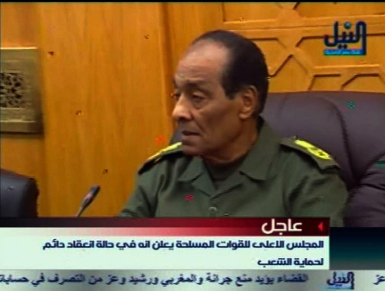STATSLEDER. Forsvarsminister Hussein Tantawi skal nu stå i spidsen for et overgansstyre i Egypten. Foto fra statsligt tv. 