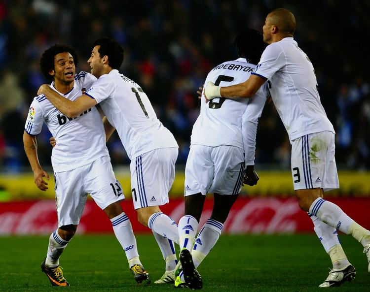 sejrsmål. Jublen var sjældent euforisk, da Marcelo (tv.) havde scoret mod Espanyol, men Real Madrid havde også svære odds mod sig. 