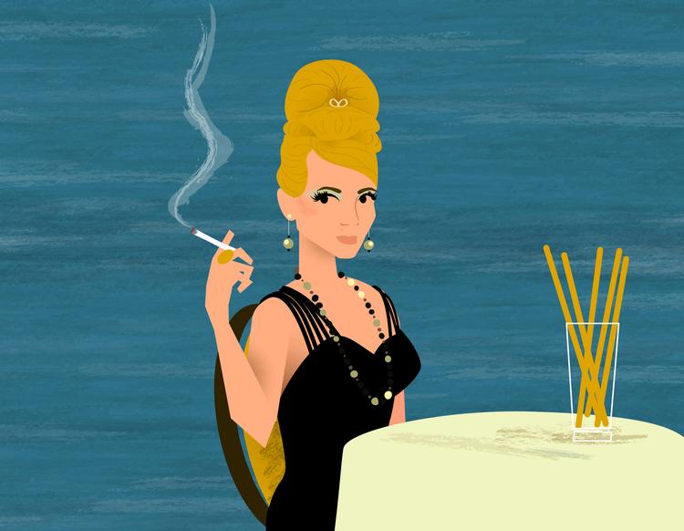 På kornet. Dyna Moes tegninger af Don Draper, Peggy Olson, Roger Sterling, Joan Harris, Pete Campell og alle de andre karakterer på 'Mad Men'- reklamebureauet Sterling Cooper er en knivskarp parafrase over de dygtigste amerikanske illustratorers arbejder fra begyndelsen af 1960'erne. Her er det Betty Draper, der venter på sin mand på under en miniferie i Rom. Illustration: Dyna Moe 