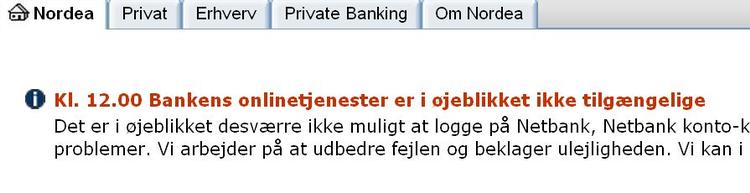 Sådan har Nordeas netbank set ud det meste af dagen, og banken kan ikke fortælle, hvornår problemet er løst. 