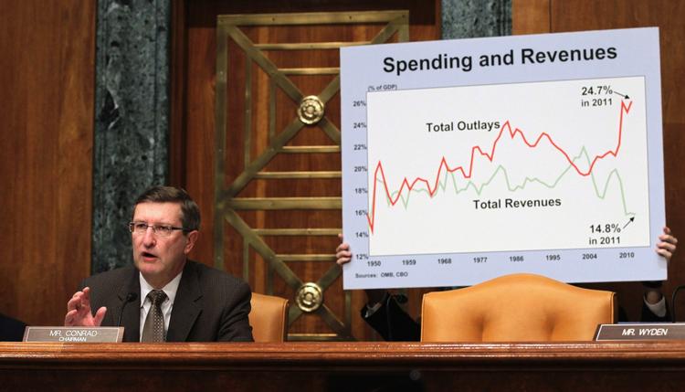 Underskudsforretning. Formanden for senatets budgetkommite, Kent Conrad, fotograferet i januar foran en planche, der viser det voksende hul mellem udgifter (den røde kurve) og indtægter i amerikansk økonomi. 