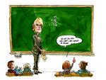 UPS. Undervisningsministeren regnede 15 + 16 sammen til 33. Tegning af  Roald Als 