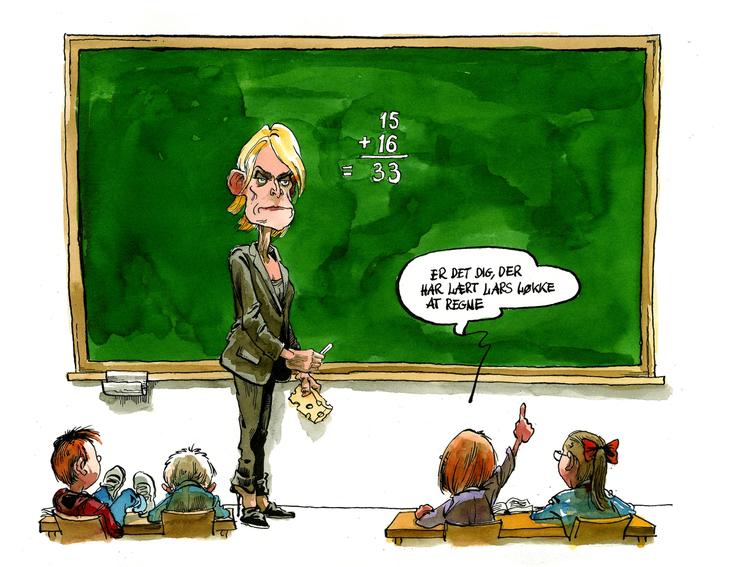 UPS. Undervisningsministeren regnede 15 + 16 sammen til 33. Tegning af  Roald Als 