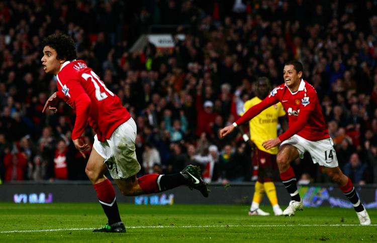 Sådan. Manchester United's Fabio Da Silva (tv) jubler efter målet mod Arsenal. 