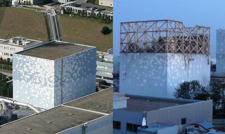 Ramt. På denne fotomontage ses Fukushimas reaktorbygning før og efter eksplosionen i går. 