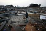 oversvømmet. Landsbyen Rizukentakada i Iwate-distriktet i det nordlige Japan er så godt som udslettet efter tsunamiens hærgen. Her går en mand tur med sin hund gennem den ødelagte by. 