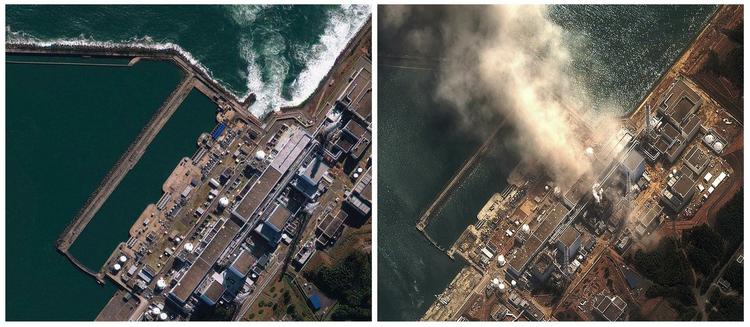 Atomkraftuheld. Fukushima Dai-ichi atomkraftværket i Japan fotograferet fra satellit i november (tv.) og igen i går, hvor der udbrød brand i en reaktor. Igen i nat er der udbrudt brand. 