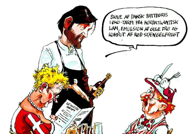Velbekomme. I dag er der igen uddeling af fine michelinstjerner til danske restauranter, som pludselig er blevet hotte på verdensplan. Se stor version af tegningen nederst i artiklen. Tegning: Roald Als. 