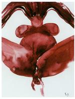 Fødsel. Louise Bourgeois kredser også i sine sene gouacher om moderens rolle - indkapslet i tegningernes tætte blodige drama. lllustration: Louise Bourgeois 