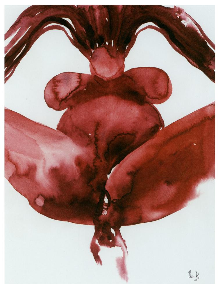 Fødsel. Louise Bourgeois kredser også i sine sene gouacher om moderens rolle - indkapslet i tegningernes tætte blodige drama. lllustration: Louise Bourgeois 