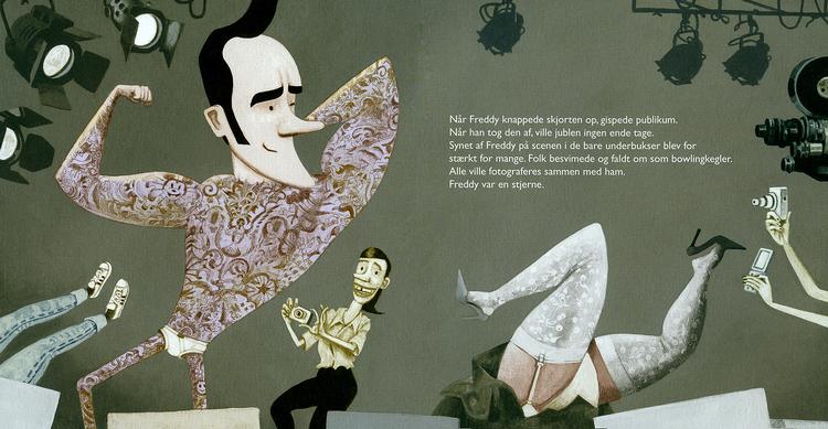 hudkunst. Freddy sælger ud, da han sælger sin tatoverede krop til en kunsthandler. Illustrationer fra bogen/Marvin Halleraker 