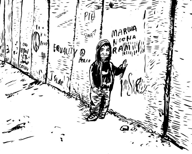 Streger. Ung mand ved muren på Vestbredden. Tegning: Fra bogen/Rasmus Breinhøi 