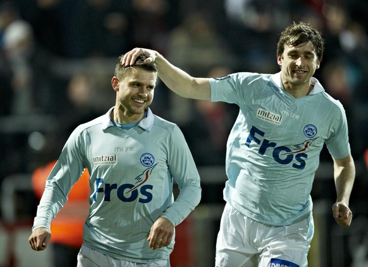 Scoring. SønderjyskEs Kenneth Fabricius efter 1-0 målet i superligakampen mod FC Midtjylland på Haderslev Stadion 