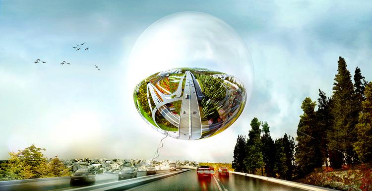 Byport. Den »reflekterende sfære« skal svæve over landskabet, spejle byen og på den måde danne porten til Stockholm. 