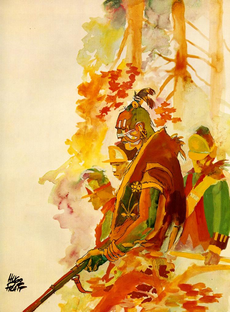 Ugh! Hugo Pratt begyndte på sagaen fra 1700-tallets Amerika i 1962 og afsluttede den først kort før sin død i 1995. Illustration fra bogen 