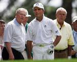 Gary Player (9 Majorsejre) omgivet af Jack Nicklaus (18) og Arnold Palmer (7) forud for US Masters på Augusta i april. 