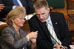 Danish People's Party Leader Pia Kjærsgaard and Finance Spokesman Kristian Thulesen Dahl. The party seems ready now to accept part of the government's retirement reform. Archive. 