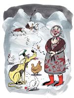 Snushane. Anne Pedersen har altid haft noget med det lovløse. I denne historie er det Mikkel Ræv, der er under mistanke for hønseran. Illustration: Anne Pedersen 