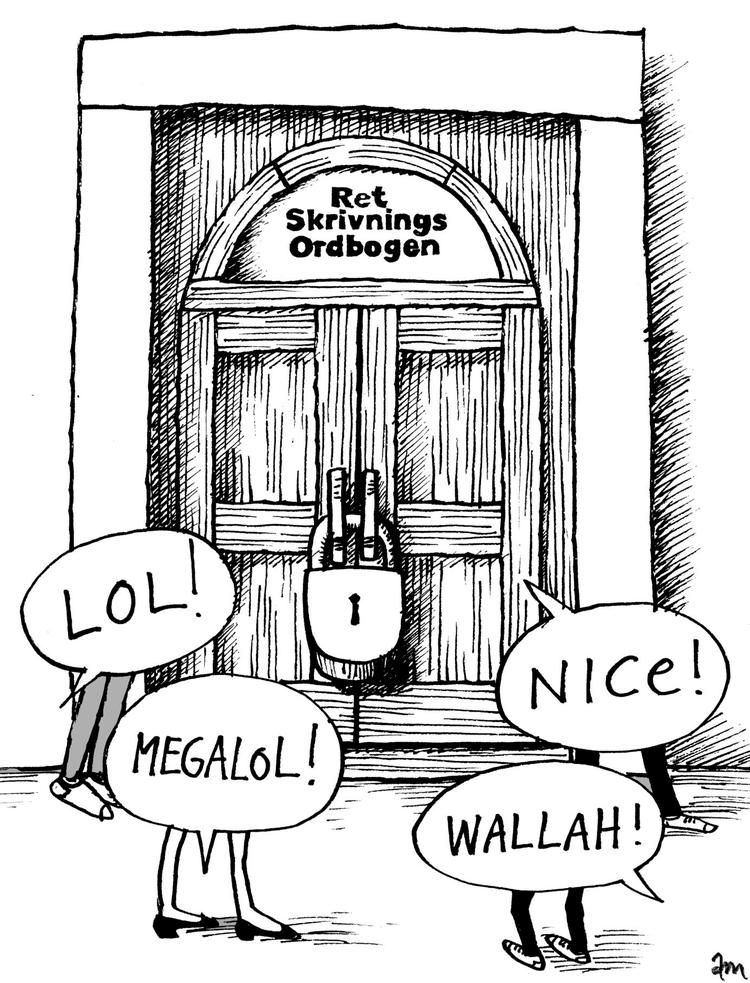 Forsinket. Dansk Sprognævns automatiske ordtrawler, der høster ord og begreber i avisernes database, må ikke må færdes i de sociale medier. Det er en af grundende til, at nye ord og udtryk ankommer med en vis forsinkelse i nævnets opslagsværker. Tegning: Anne-Marie Steen Petersen 