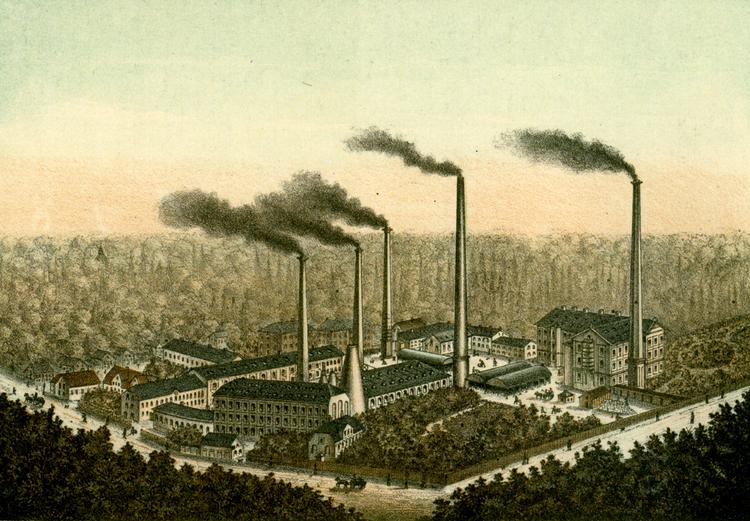 Variation. Danske industrielle miljøer har mange forskellige ansigter - som Den kgl. Porcelænsfabrik og Aluminia, Cathrinesminde Teglværk og Rødovre Centrum. Litografi: N. Malmgreen / Foto: Flemming Wedell 