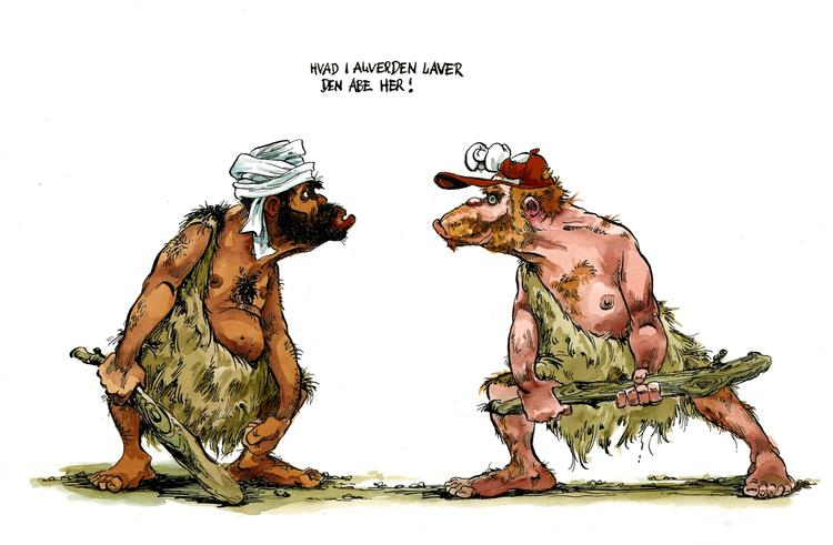 Fremmedangst. Debatten om stenalderhjerner inspirerede Politikens tegner Roald Als til denne tegning. 