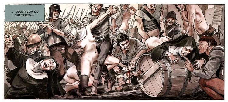 Borgia. I Milo Manaras total- og  nærbilleder er brutaliteternes omgivelser uden dybde eller fylde, og de større  panoramaer er overlæssede myldremassakrer. Tegning: Milo Manara 