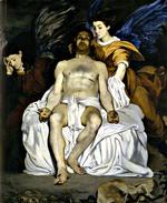 Ukristeligt.  I sit maleri af  Kristus og de to engle, fra 1864, fraveg Manet de gængse religiøse fremstillinger på flere punkter. Ikke blot er Kristus  meget kødelig, og hans glorie meget spinkel, men Gudssønnen virker  heller ikke, som han er død på korset, snarere lidt udmattet og ved at vågne op til dåd. 