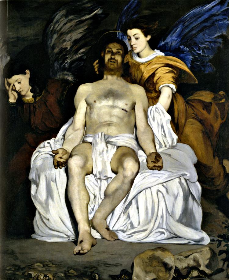 Ukristeligt.  I sit maleri af  Kristus og de to engle, fra 1864, fraveg Manet de gængse religiøse fremstillinger på flere punkter. Ikke blot er Kristus  meget kødelig, og hans glorie meget spinkel, men Gudssønnen virker  heller ikke, som han er død på korset, snarere lidt udmattet og ved at vågne op til dåd. 