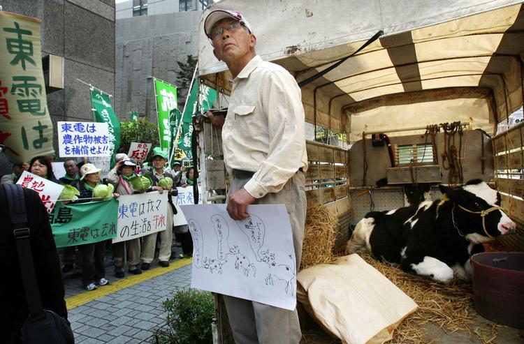 Utilfreds. Den 67-årige Shoji Ando var blandt de mange japanske landmænd, der havde taget et par køer med til dagens demonstration i Tokyo. 