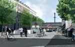 Fraværsstationer. På billedet ses stationen på Stampesgade (Hovedbanegården). Al skiltning foregår på elevatortårnene i glas og stål. Illustrationer: Metroselskabet