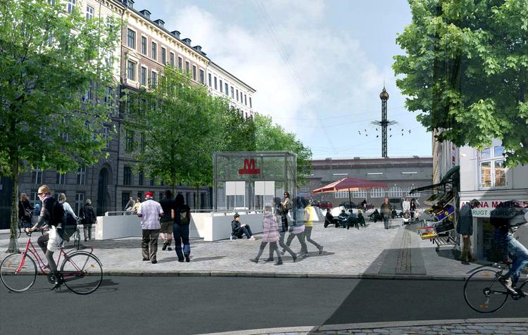 Fraværsstationer. På billedet ses stationen på Stampesgade (Hovedbanegården). Al skiltning foregår på elevatortårnene i glas og stål. Illustrationer: Metroselskabet